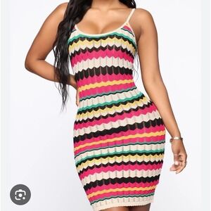 Fashion Nova Bora Bora Dress Small Knit Striped Zig Zag Bodycon Mini Sexy Beach